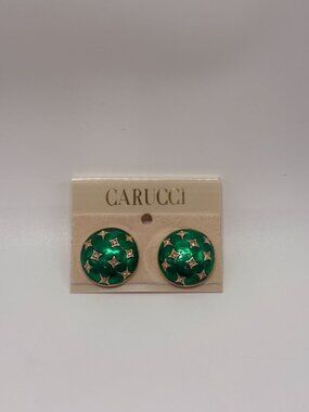 Carucci Vintage 1980s Green Enamel Star Dome Clip On Earrings